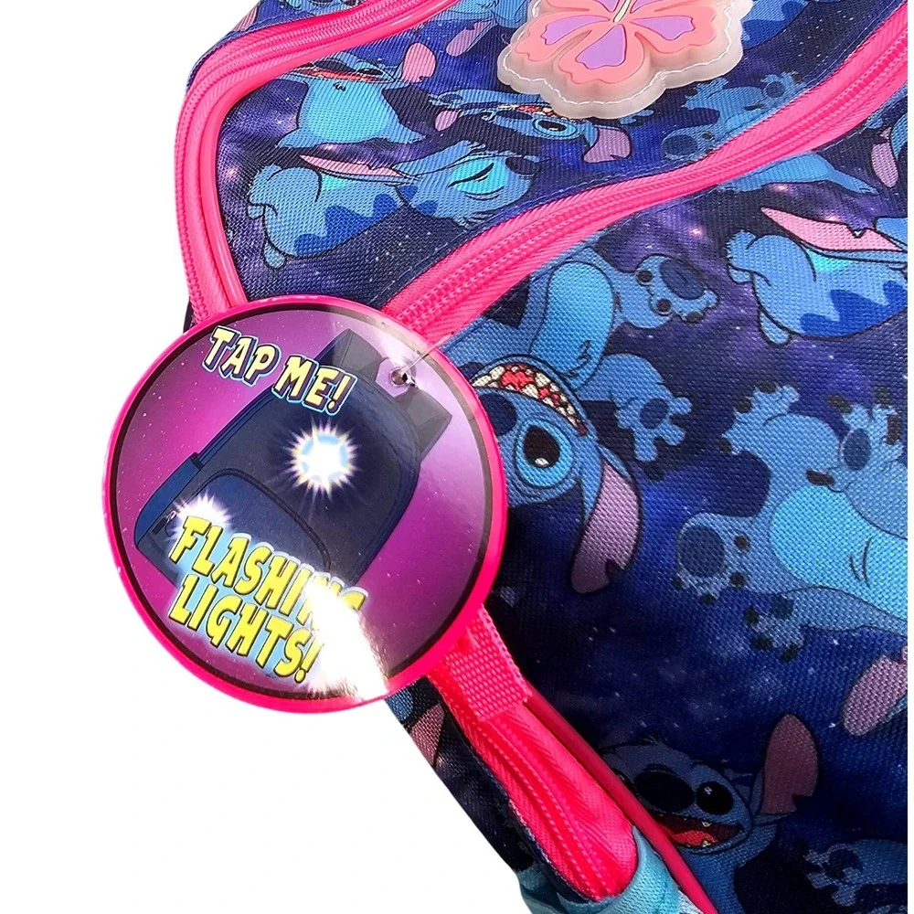 Disney Stitch Backpack Kids Flashing Lights Flower Applique‎ Front Pocket